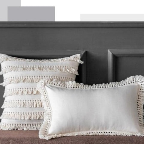 Beige Linen Cotton Tassels Pillow Cover Round Square - Hyggeh