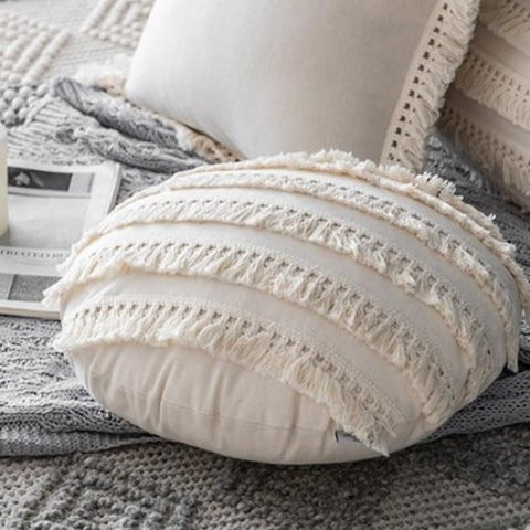 Beige Linen Cotton Tassels Pillow Cover Round Square - Hyggeh