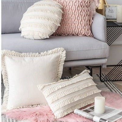 Beige Linen Cotton Tassels Pillow Cover Round Square - Hyggeh