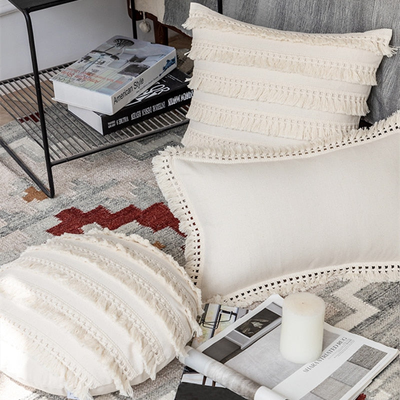 Beige Linen Cotton Tassels Pillow Cover Round Square - Hyggeh
