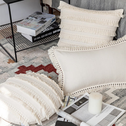 Beige Linen Cotton Tassels Pillow Cover Round Square - Hyggeh