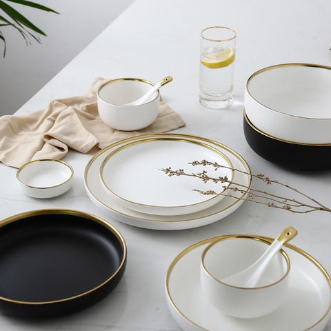 Ceramic Gold Line White Black Plates Dinnerware Set - Hyggeh