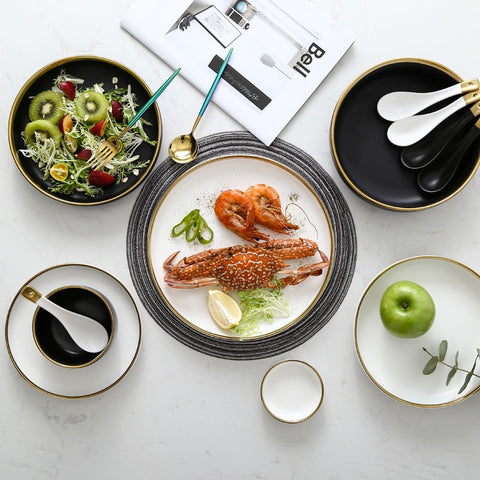 Ceramic Gold Line White Black Plates Dinnerware Set - Hyggeh