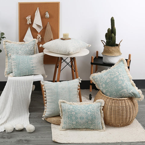 Vintage Linen Green Pillow Cover With Tassels - Hyggeh
