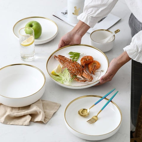 Ceramic Gold Line White Black Plates Dinnerware Set - Hyggeh