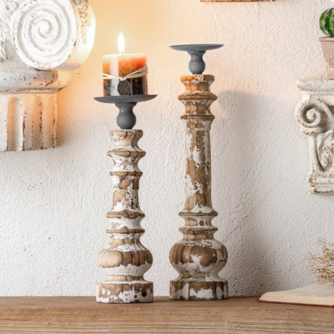 Retro Vintage Wood Candle Holder Pillar - Hyggeh